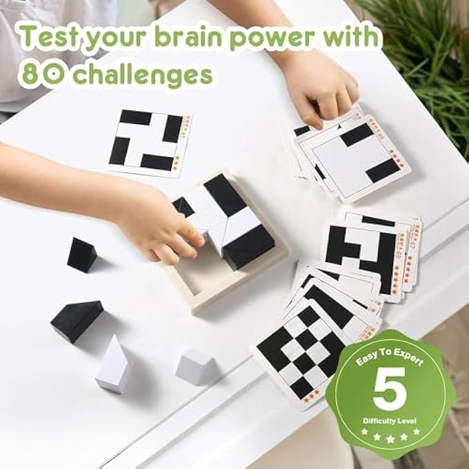 BLOCK PUZZLE, WOODEN CUBE PUZZLE WITH STORAGE TRAY WOODEN HIDDEN BUILDING BLOCK PUZZLE TOY 3D BLOCK BRAIN TEASER PUZZLE GAME, EARLY EDUCATION BLACK & WHITE BLOCK PUZZLES FOR KIDS AGES 4+ - Image 4